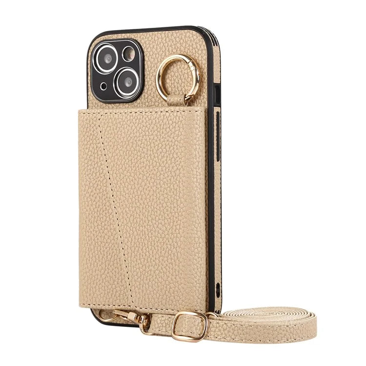 Card Holder Cell Phone Cover For iPhone 14 Case Genuine Leather Phone Case with Shoulder Strap