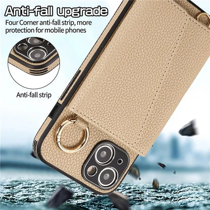 Card Holder Cell Phone Cover For iPhone 14 Case Genuine Leather Phone Case with Shoulder Strap