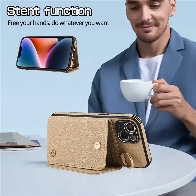 Card Holder Cell Phone Cover For iPhone 14 Case Genuine Leather Phone Case with Shoulder Strap