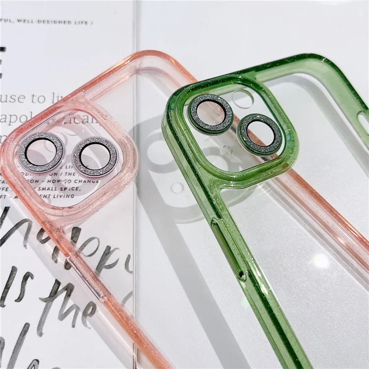 For iPhone 14 Clear Phone Case Glittery Powder PC+TPU+Glass Phone Shell