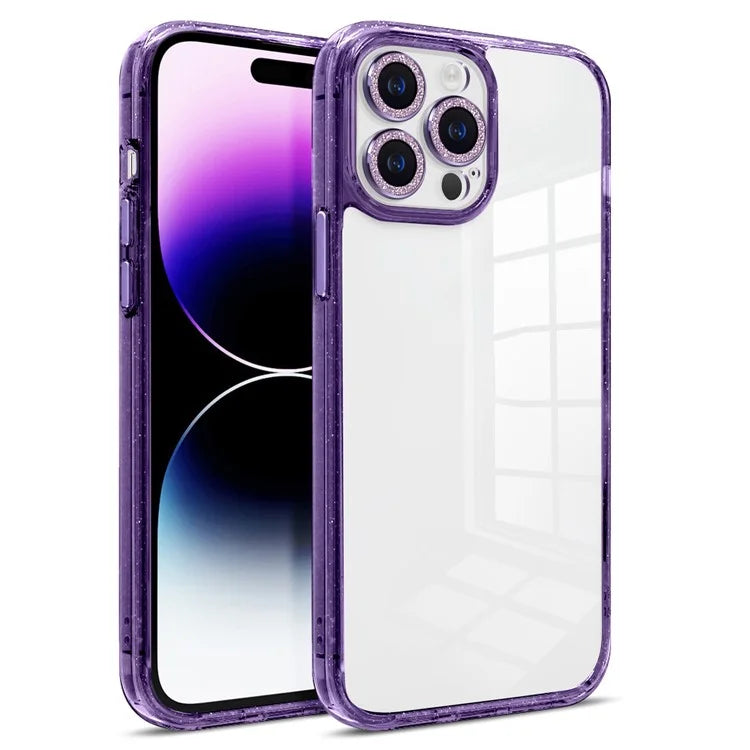 For iPhone 14 Pro Max Case PC+TPU+Glass Phone Cover Glittery Powder Phone Shell