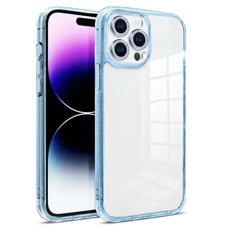 For iPhone 14 Pro Max Case PC+TPU+Glass Phone Cover Glittery Powder Phone Shell