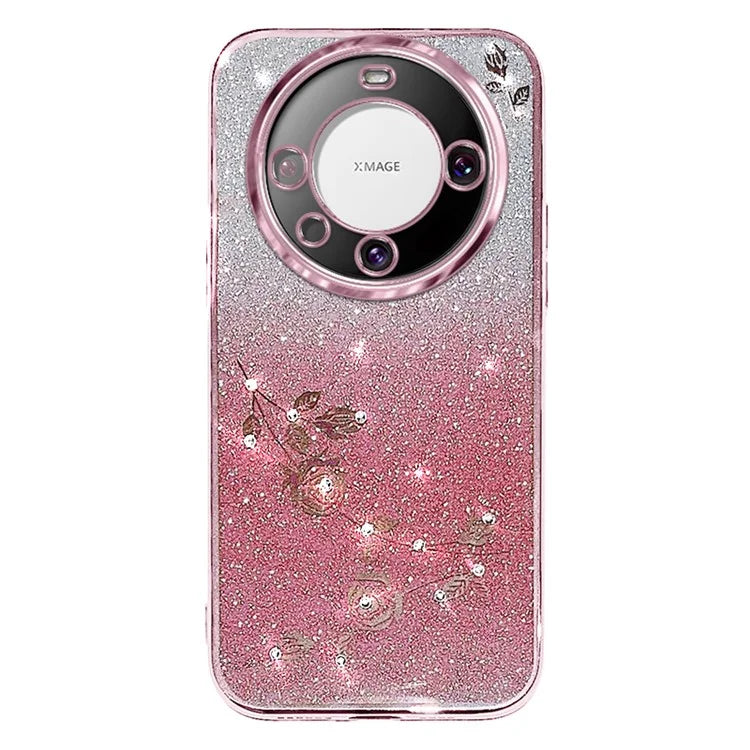 KADEM For Huawei Mate 60 Case Precise Cutout Glitter Rhinestone Flower TPU Phone Cover with Strap