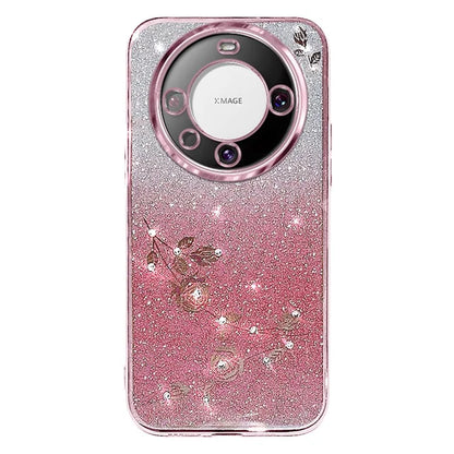 KADEM For Huawei Mate 60 Case Precise Cutout Glitter Rhinestone Flower TPU Phone Cover with Strap