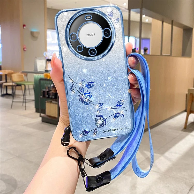 KADEM For Huawei Mate 60 Case Precise Cutout Glitter Rhinestone Flower TPU Phone Cover with Strap