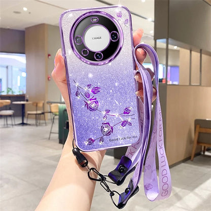 KADEM For Huawei Mate 60 Case Precise Cutout Glitter Rhinestone Flower TPU Phone Cover with Strap