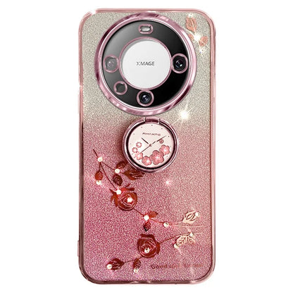 KADEM For Huawei Mate 60 Case Ring Kickstand Precise Cutout Flower Pattern Gradient Glitter TPU Cover