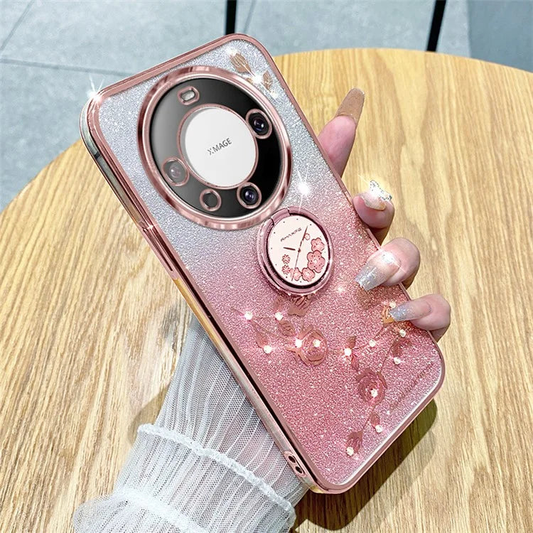 KADEM For Huawei Mate 60 Case Ring Kickstand Precise Cutout Flower Pattern Gradient Glitter TPU Cover