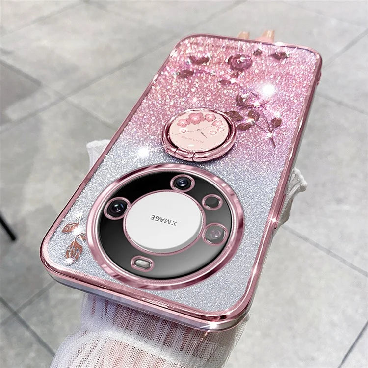 KADEM For Huawei Mate 60 Case Ring Kickstand Precise Cutout Flower Pattern Gradient Glitter TPU Cover