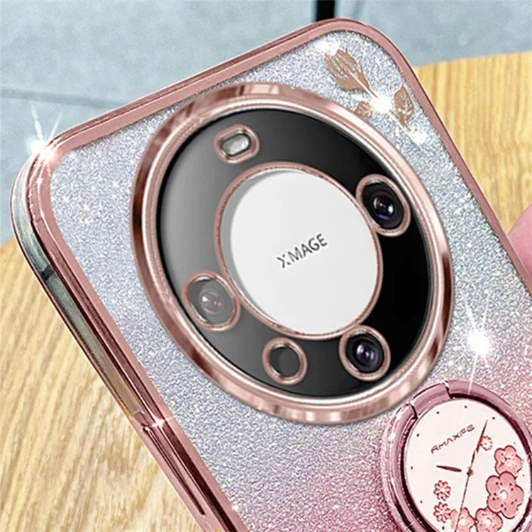 KADEM For Huawei Mate 60 Case Ring Kickstand Precise Cutout Flower Pattern Gradient Glitter TPU Cover