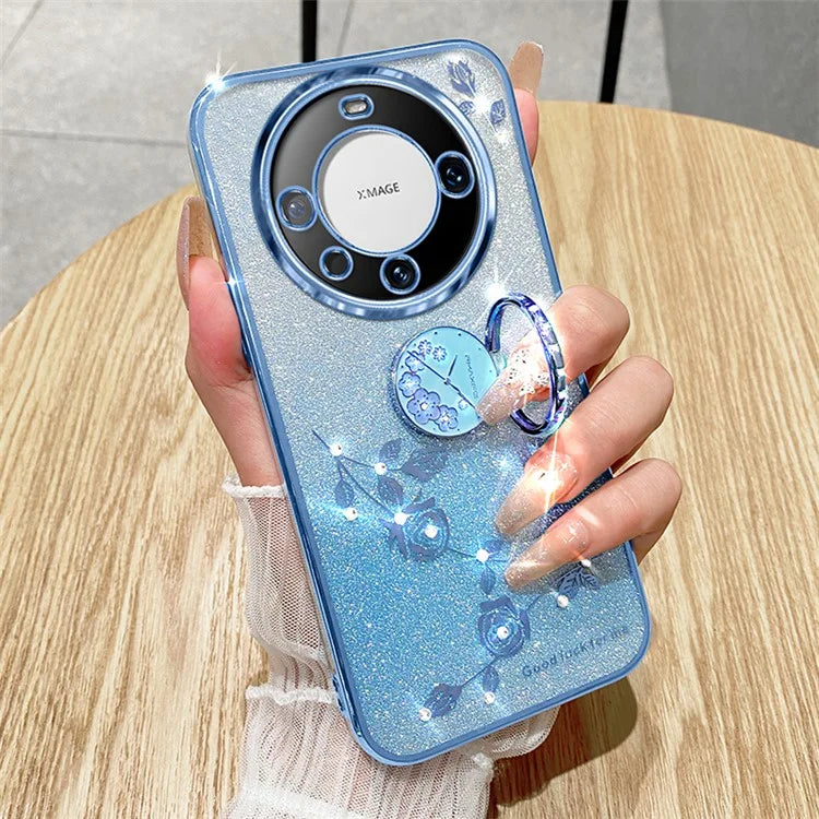 KADEM For Huawei Mate 60 Case Ring Kickstand Precise Cutout Flower Pattern Gradient Glitter TPU Cover