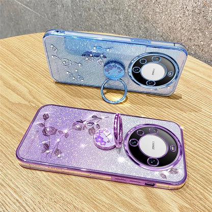 KADEM For Huawei Mate 60 Case Ring Kickstand Precise Cutout Flower Pattern Gradient Glitter TPU Cover