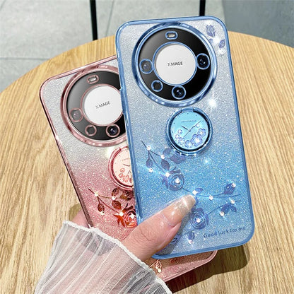 KADEM For Huawei Mate 60 Case Ring Kickstand Precise Cutout Flower Pattern Gradient Glitter TPU Cover
