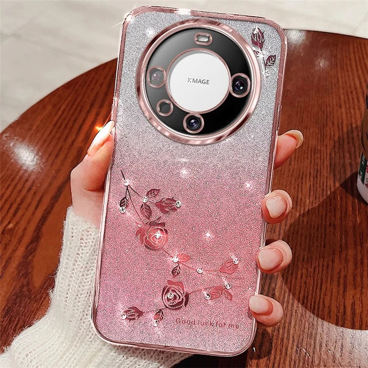 KADEM For Huawei Mate 60 Case Precise Cutout Gradient Flower Glitter Rhinestone TPU Phone Cover