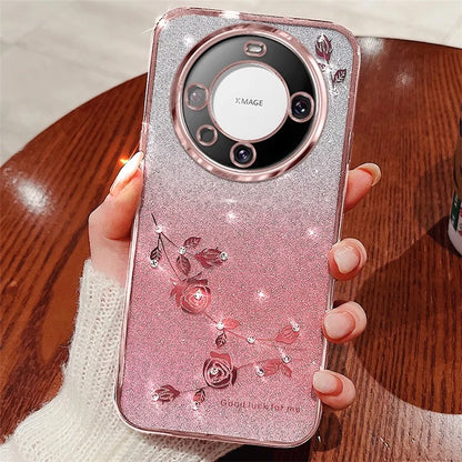 KADEM For Huawei Mate 60 Case Precise Cutout Gradient Flower Glitter Rhinestone TPU Phone Cover