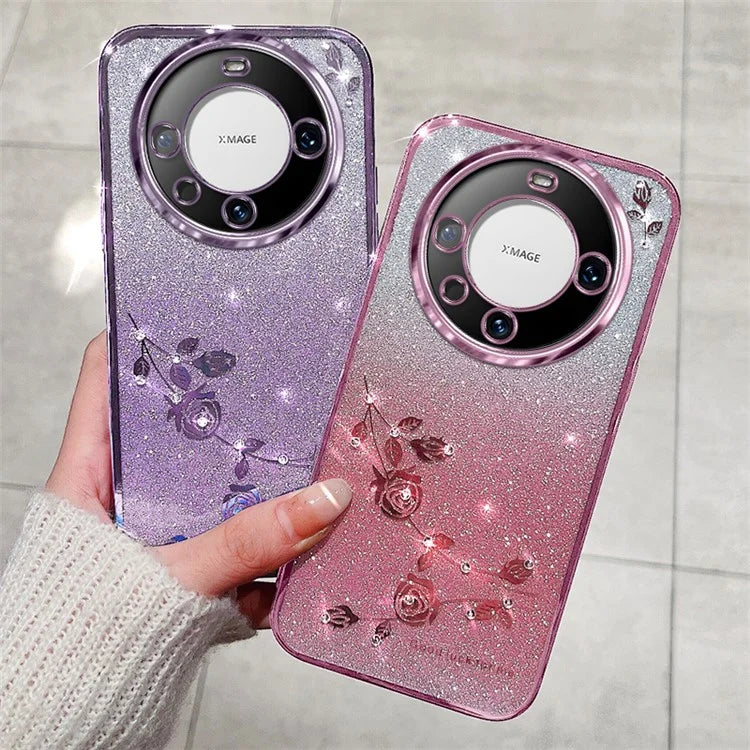 KADEM For Huawei Mate 60 Case Precise Cutout Gradient Flower Glitter Rhinestone TPU Phone Cover