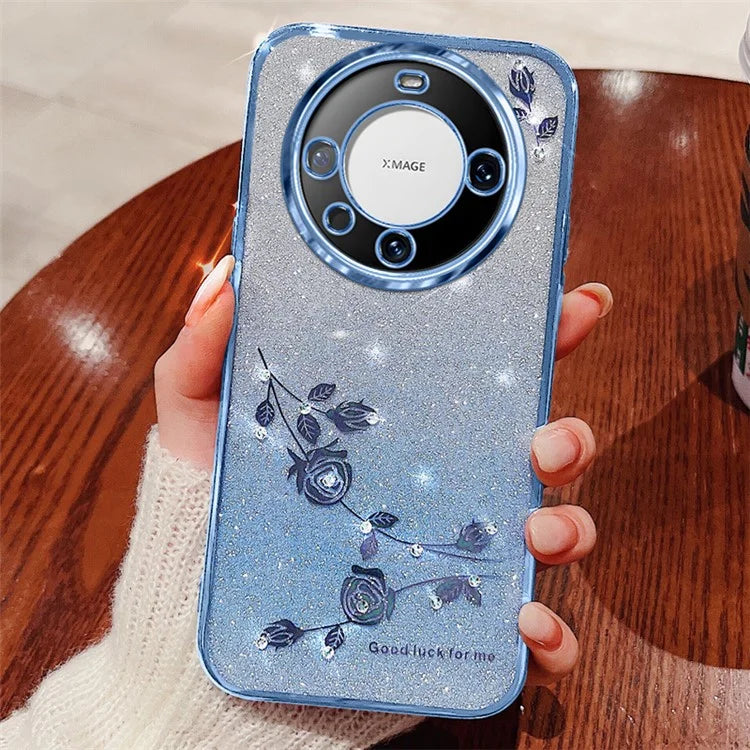 KADEM For Huawei Mate 60 Case Precise Cutout Gradient Flower Glitter Rhinestone TPU Phone Cover