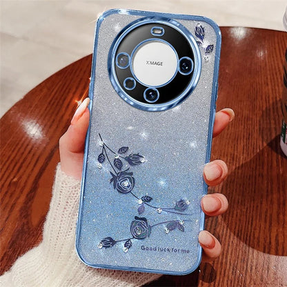 KADEM For Huawei Mate 60 Case Precise Cutout Gradient Flower Glitter Rhinestone TPU Phone Cover