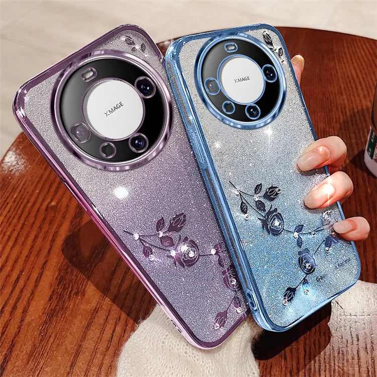 KADEM For Huawei Mate 60 Case Precise Cutout Gradient Flower Glitter Rhinestone TPU Phone Cover