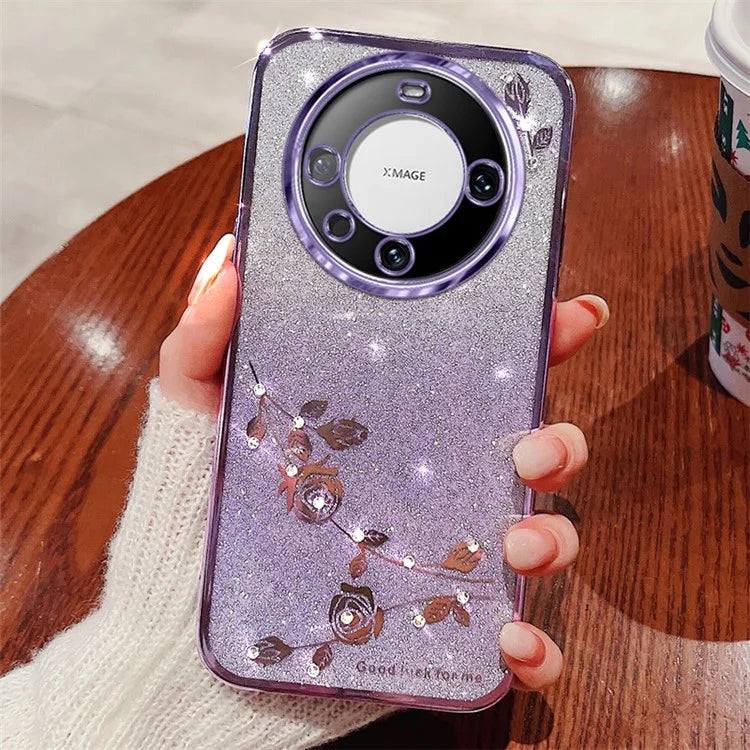 KADEM For Huawei Mate 60 Case Precise Cutout Gradient Flower Glitter Rhinestone TPU Phone Cover