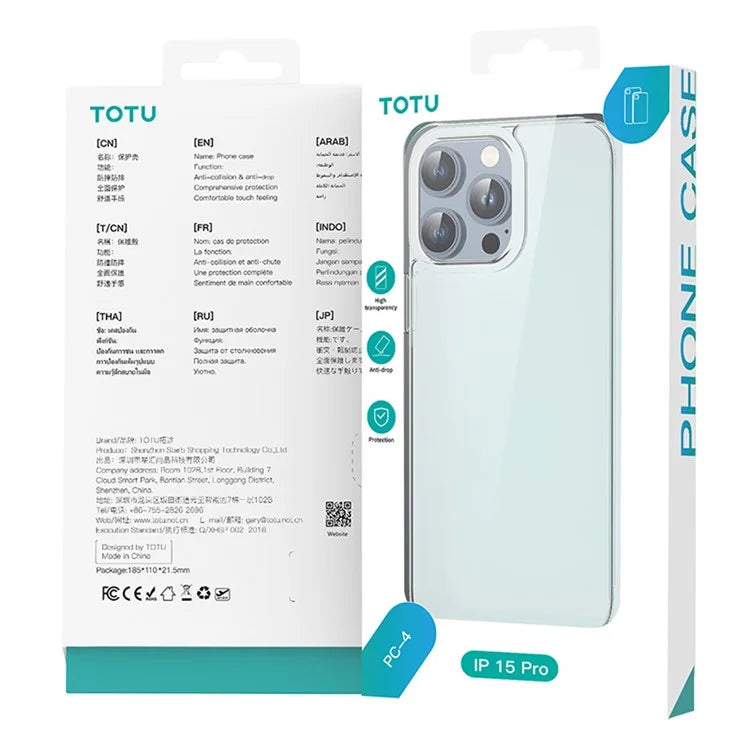 TOTU PC-04 for iPhone 15 Clear Case Anti-scratch PC + TPU Phone Back Cover