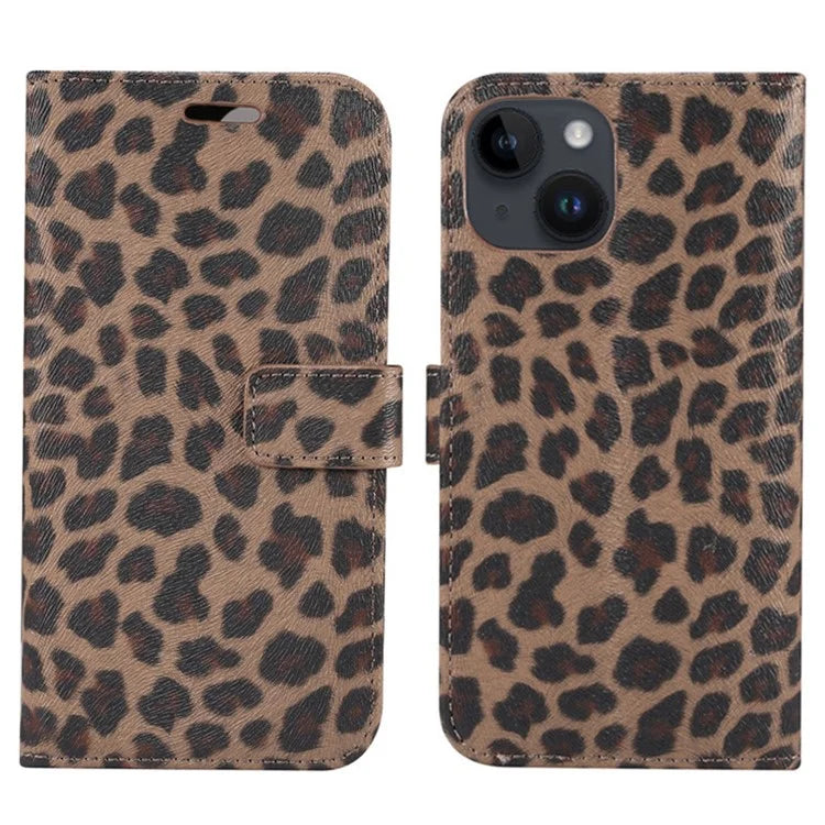 For iPhone 15 Leather Case Leopard Pattern Stand Wallet Phone Cover