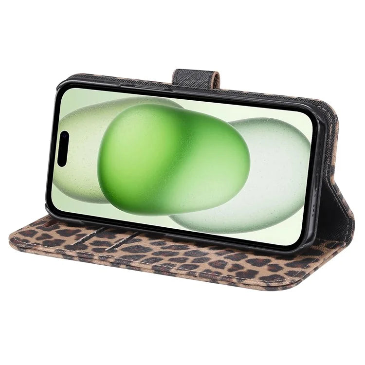 For iPhone 15 Leather Case Leopard Pattern Stand Wallet Phone Cover