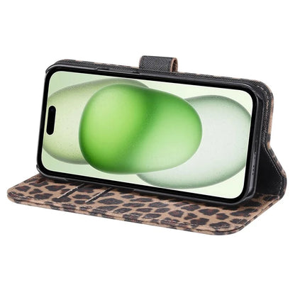 For iPhone 15 Leather Case Leopard Pattern Stand Wallet Phone Cover