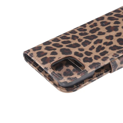 For iPhone 15 Leather Case Leopard Pattern Stand Wallet Phone Cover
