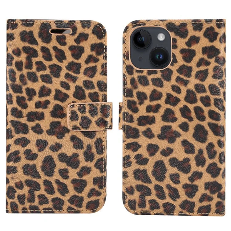 For iPhone 15 Leather Case Leopard Pattern Stand Wallet Phone Cover