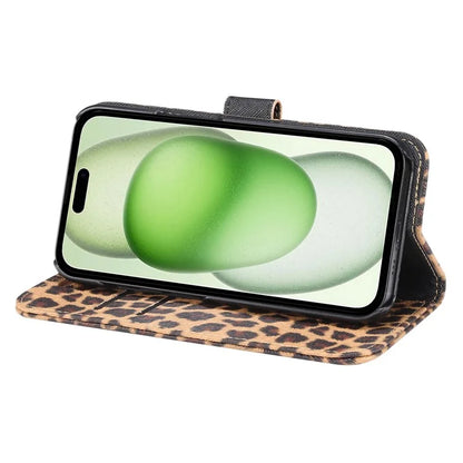 For iPhone 15 Leather Case Leopard Pattern Stand Wallet Phone Cover