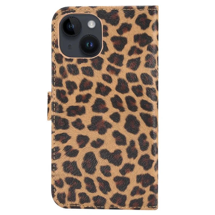 For iPhone 15 Leather Case Leopard Pattern Stand Wallet Phone Cover