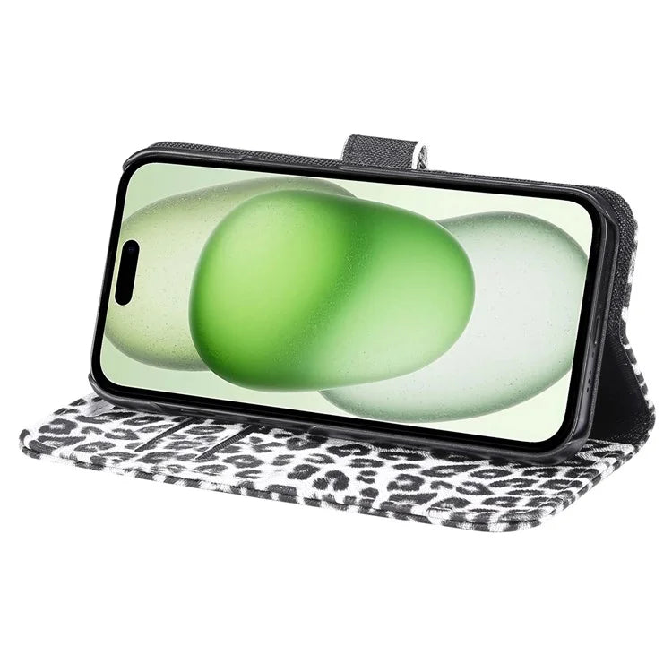 For iPhone 15 Leather Case Leopard Pattern Stand Wallet Phone Cover