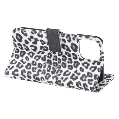 For iPhone 15 Leather Case Leopard Pattern Stand Wallet Phone Cover