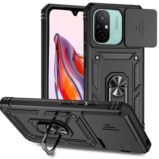 For Xiaomi Redmi 12C 4G Case Slide Camera Shield Rotatory Kickstand PC+TPU Phone Cover