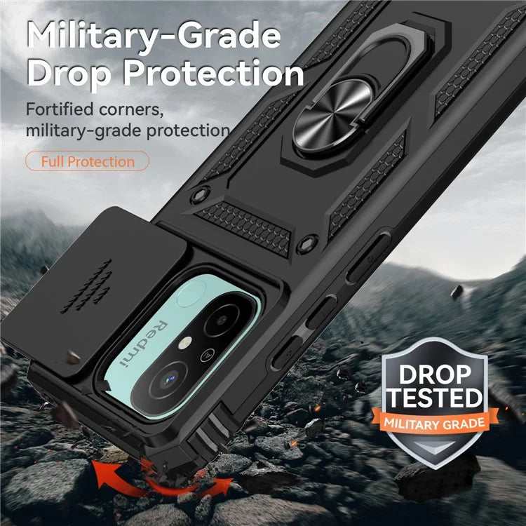 For Xiaomi Redmi 12C 4G Case Slide Camera Shield Rotatory Kickstand PC+TPU Phone Cover