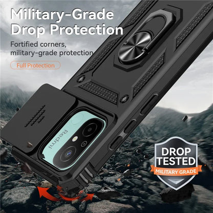 For Xiaomi Redmi 12C 4G Case Slide Camera Shield Rotatory Kickstand PC+TPU Phone Cover