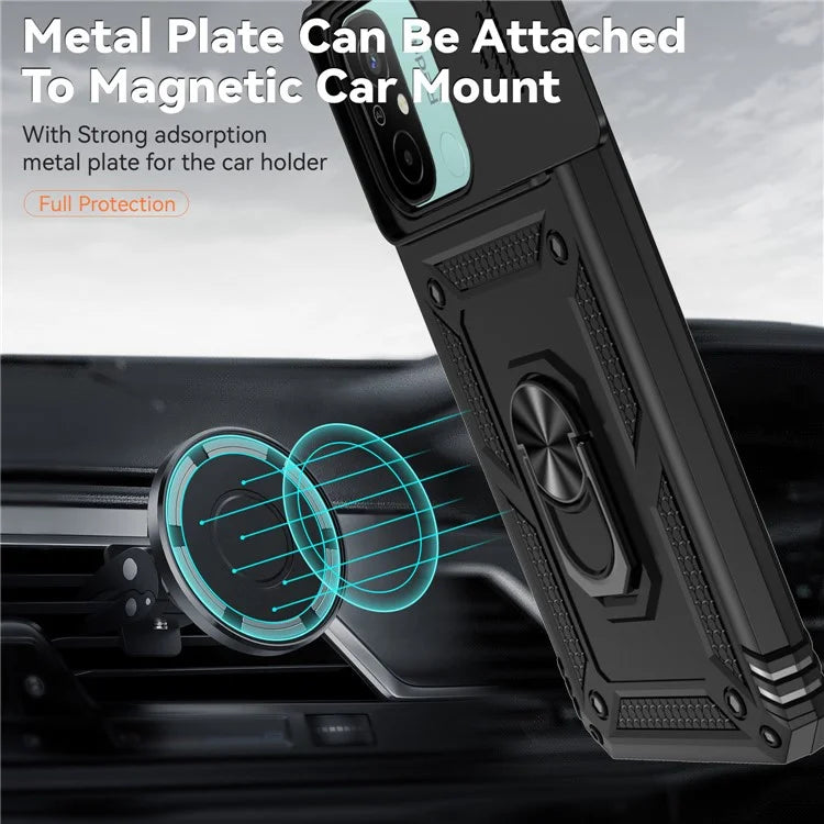 For Xiaomi Redmi 12C 4G Case Slide Camera Shield Rotatory Kickstand PC+TPU Phone Cover