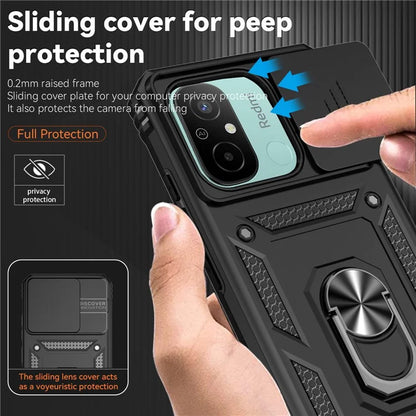 For Xiaomi Redmi 12C 4G Case Slide Camera Shield Rotatory Kickstand PC+TPU Phone Cover