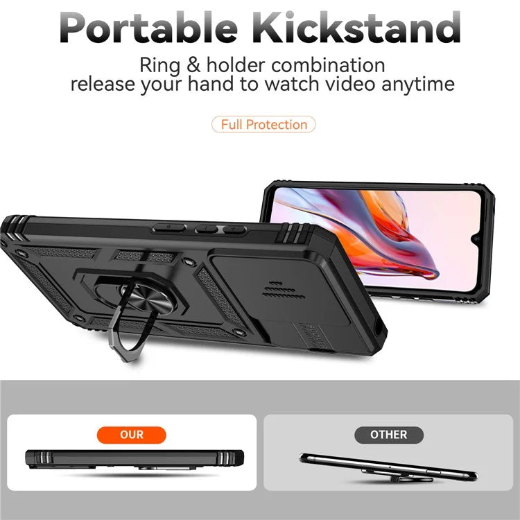 For Xiaomi Redmi 12C 4G Case Slide Camera Shield Rotatory Kickstand PC+TPU Phone Cover