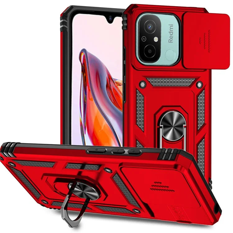 For Xiaomi Redmi 12C 4G Case Slide Camera Shield Rotatory Kickstand PC+TPU Phone Cover