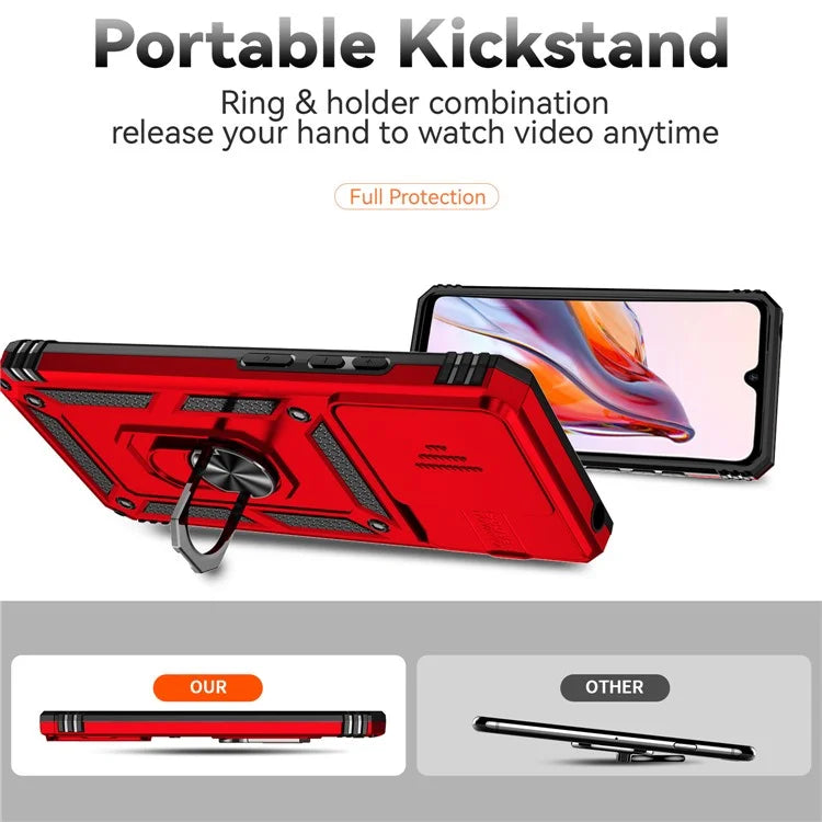 For Xiaomi Redmi 12C 4G Case Slide Camera Shield Rotatory Kickstand PC+TPU Phone Cover