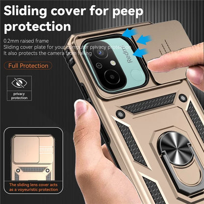 For Xiaomi Redmi 12C 4G Case Slide Camera Shield Rotatory Kickstand PC+TPU Phone Cover