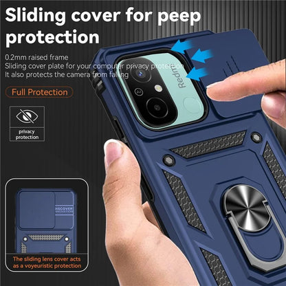 For Xiaomi Redmi 12C 4G Case Slide Camera Shield Rotatory Kickstand PC+TPU Phone Cover
