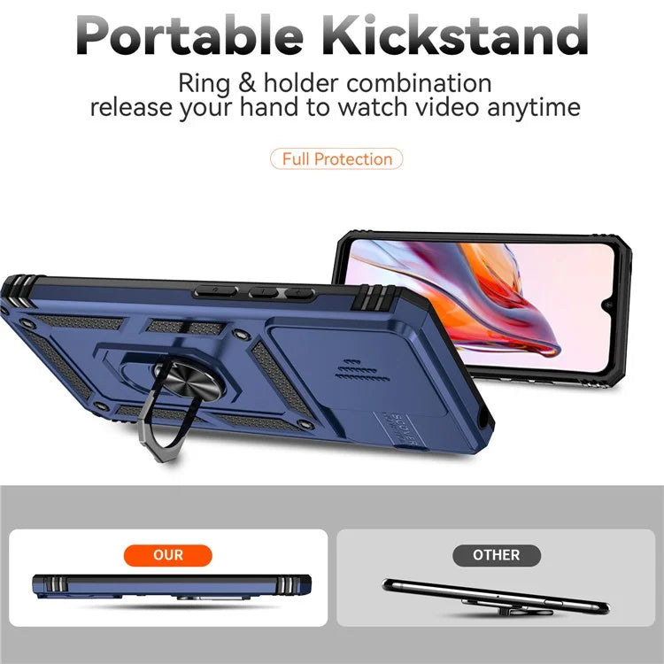 For Xiaomi Redmi 12C 4G Case Slide Camera Shield Rotatory Kickstand PC+TPU Phone Cover