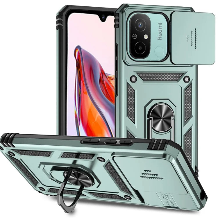 For Xiaomi Redmi 12C 4G Case Slide Camera Shield Rotatory Kickstand PC+TPU Phone Cover
