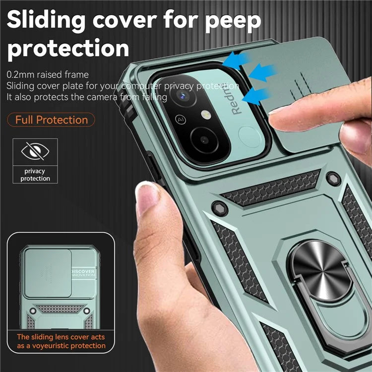 For Xiaomi Redmi 12C 4G Case Slide Camera Shield Rotatory Kickstand PC+TPU Phone Cover