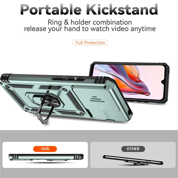 For Xiaomi Redmi 12C 4G Case Slide Camera Shield Rotatory Kickstand PC+TPU Phone Cover