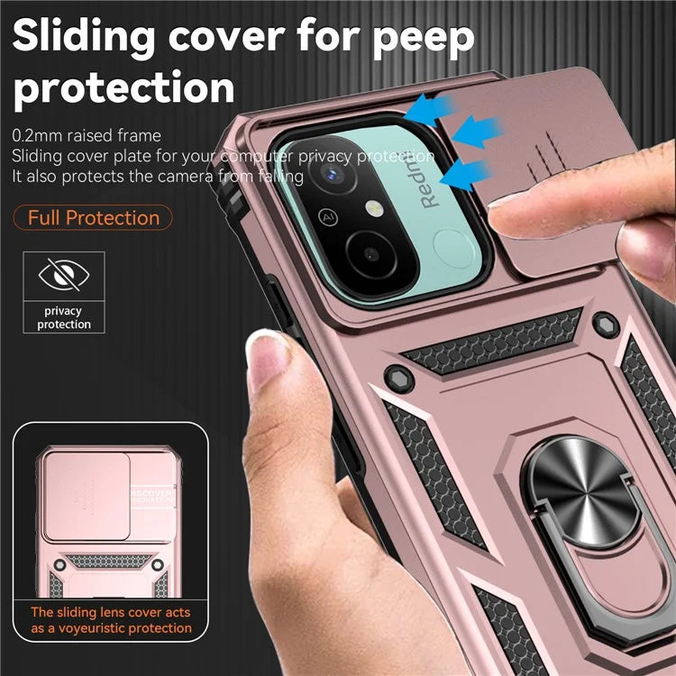 For Xiaomi Redmi 12C 4G Case Slide Camera Shield Rotatory Kickstand PC+TPU Phone Cover
