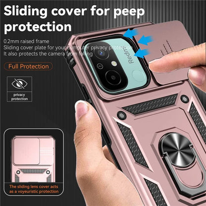 For Xiaomi Redmi 12C 4G Case Slide Camera Shield Rotatory Kickstand PC+TPU Phone Cover